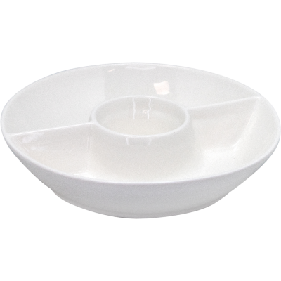 Triple porcelain round dish for white snacks