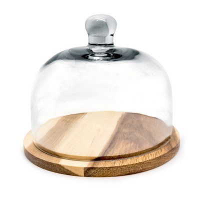 Quesera com tampa de vidro e base de madeira
