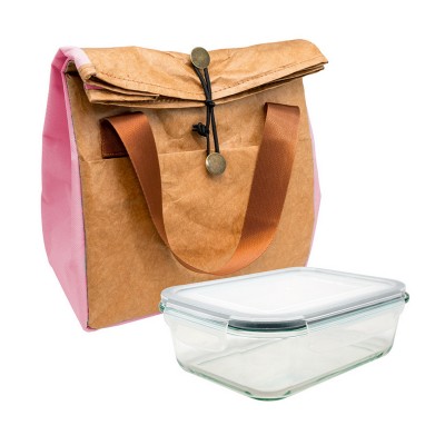 Design de bolsa térmica do suporte para alimentos com enxágue Tyvek e detalhe rosa + 1 hermético 1 litro de vidro